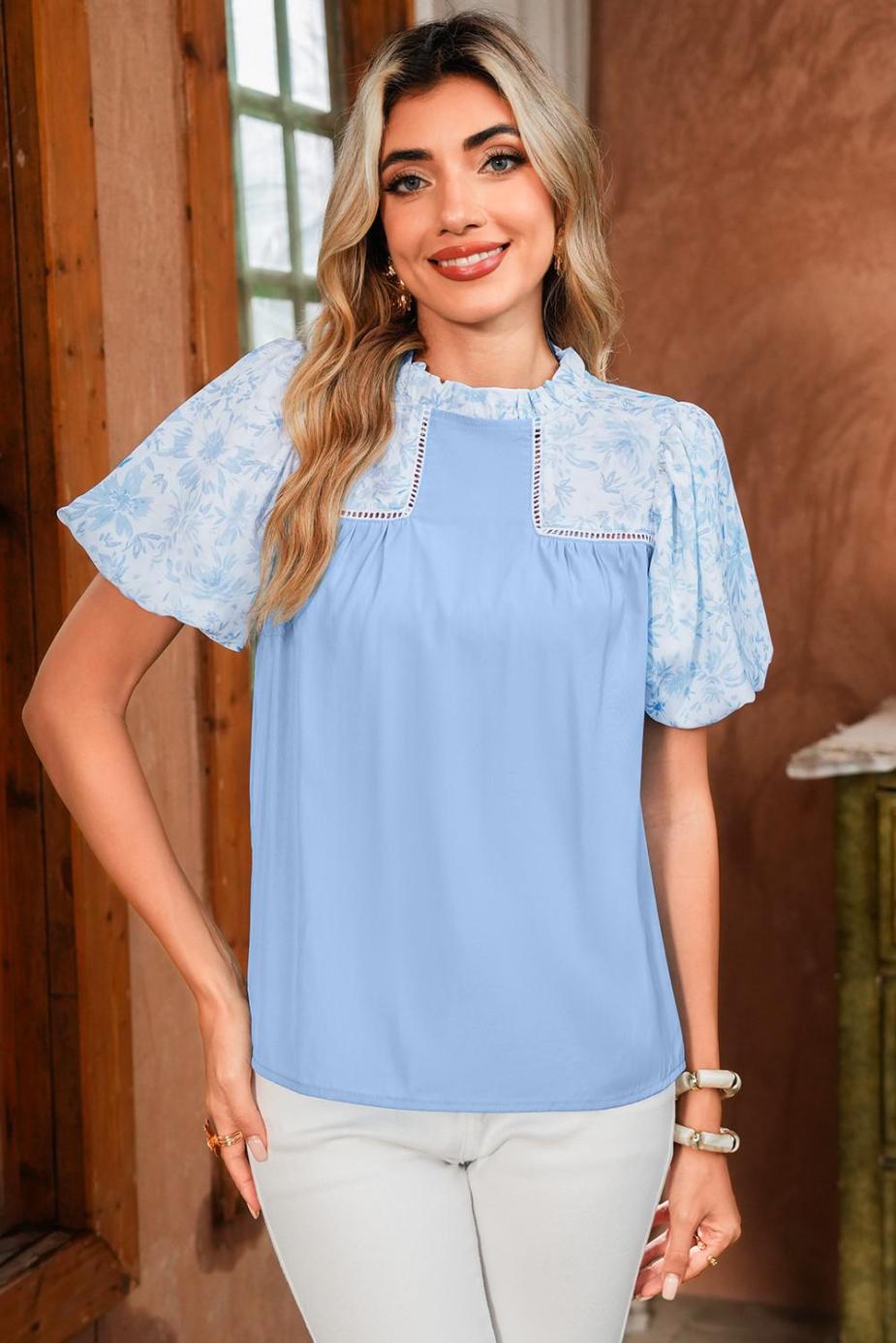 Blouses | Beau Blue Floral Puff Sleeve Patchwork Loose Blouse - Women