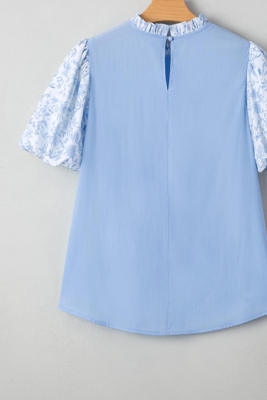 Blouses | Beau Blue Floral Puff Sleeve Patchwork Loose Blouse - Women