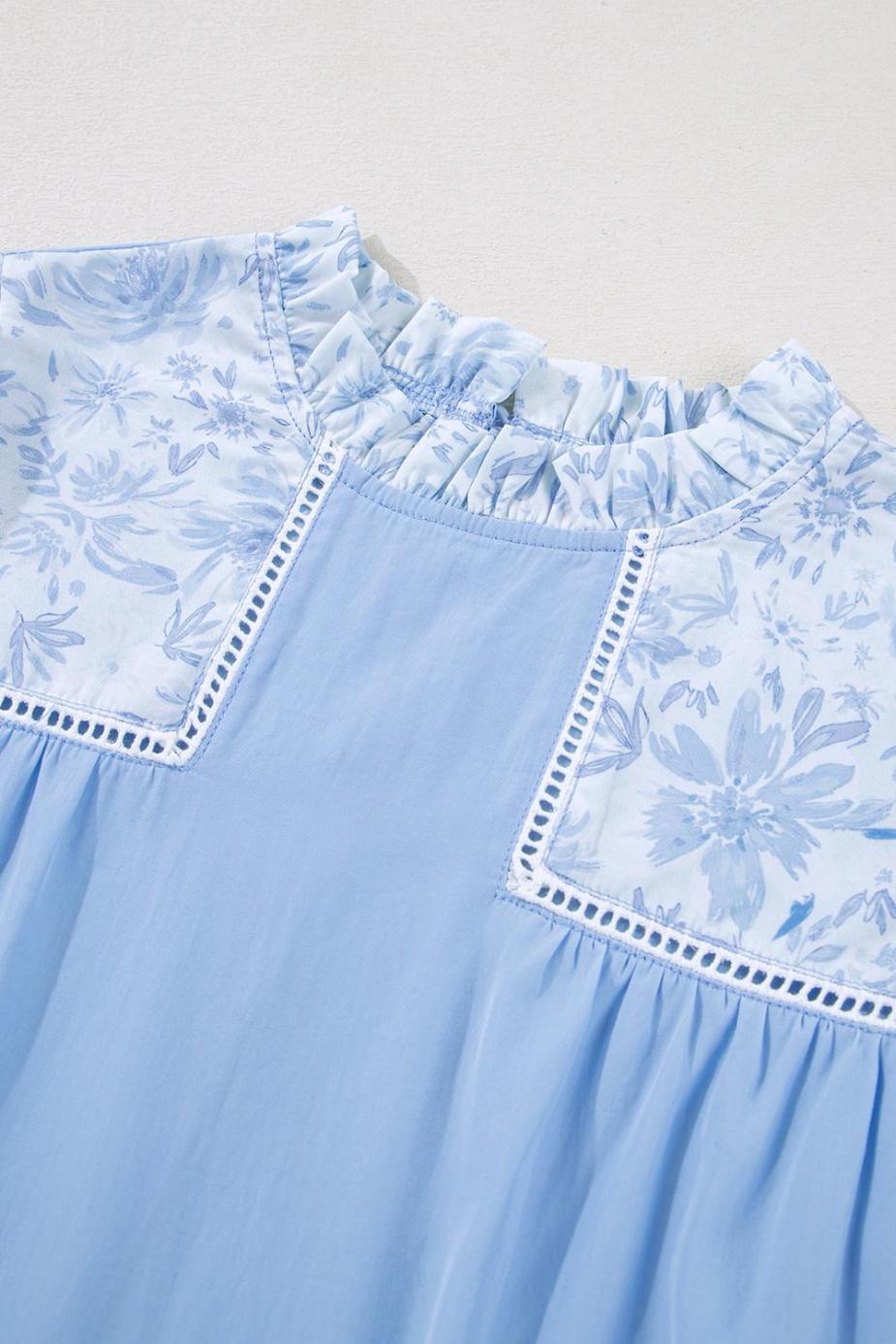 Blouses | Beau Blue Floral Puff Sleeve Patchwork Loose Blouse - Women