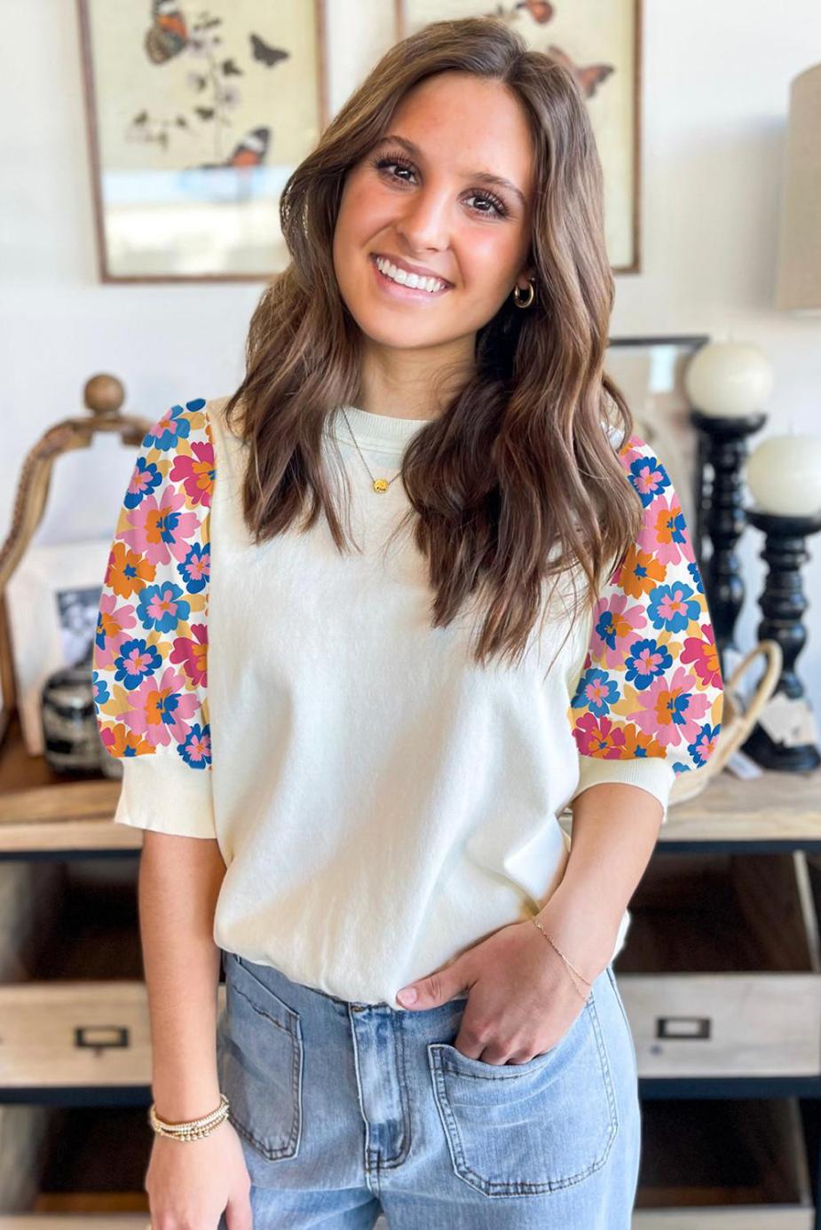 Blouses | Beige Floral Puff Sleeve Patchwork Round Neck Top - Women