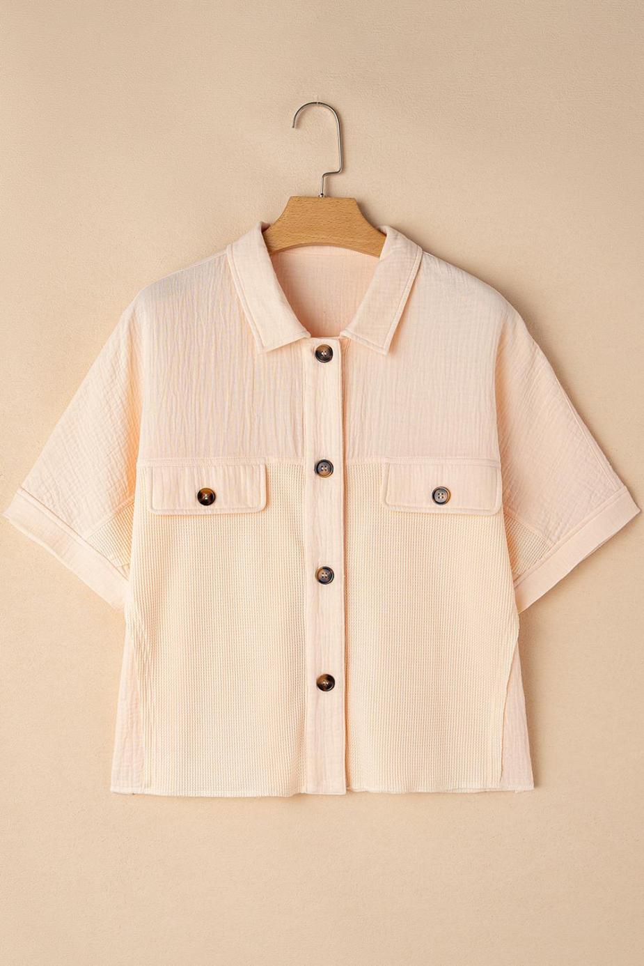 Blouses | Beige Waffle Crinkle Patchwork Short Batwing Sleeve Shirt - Women