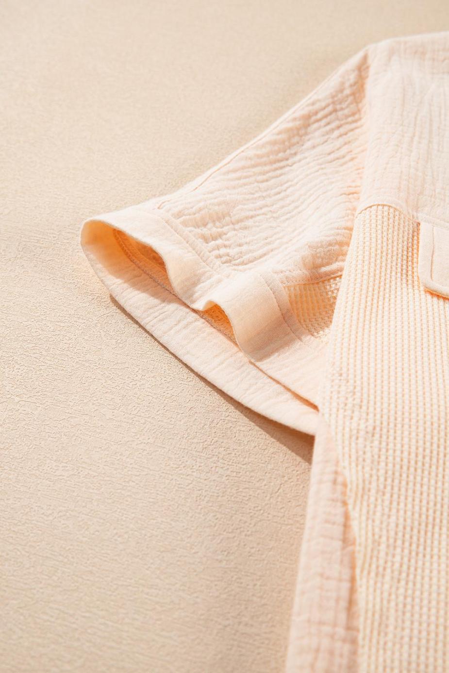 Blouses | Beige Waffle Crinkle Patchwork Short Batwing Sleeve Shirt - Women