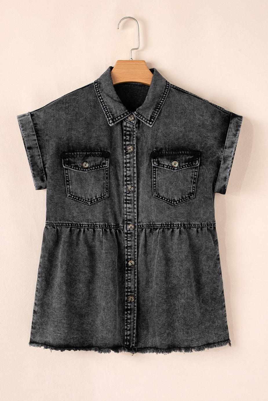 Blouses | Black Flap Pocket Button Up Raw Hem Short Sleeve Denim Shirt - Women