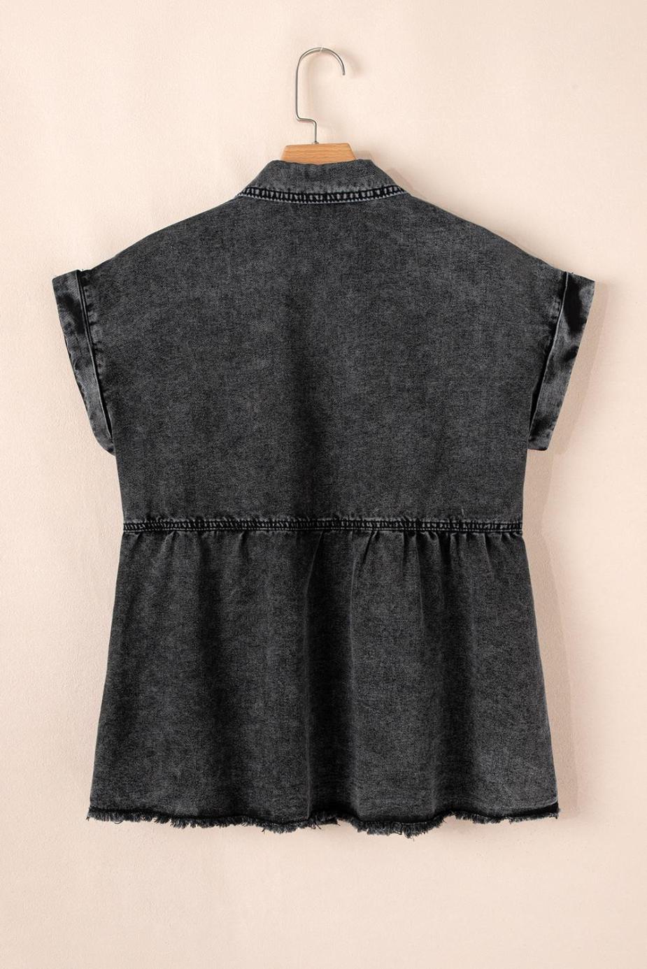 Blouses | Black Flap Pocket Button Up Raw Hem Short Sleeve Denim Shirt - Women