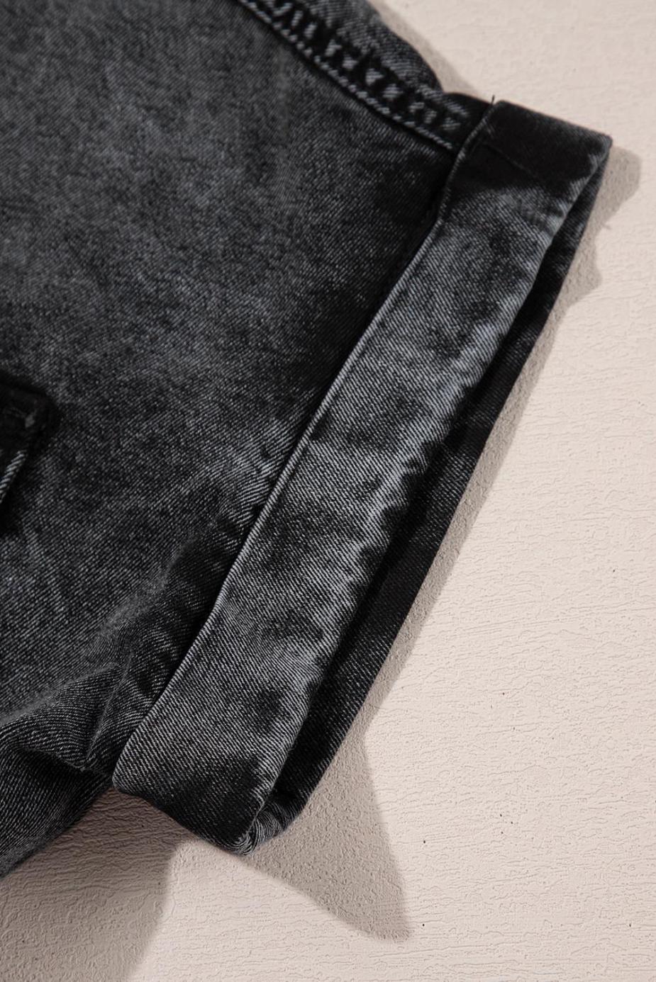 Blouses | Black Flap Pocket Button Up Raw Hem Short Sleeve Denim Shirt - Women