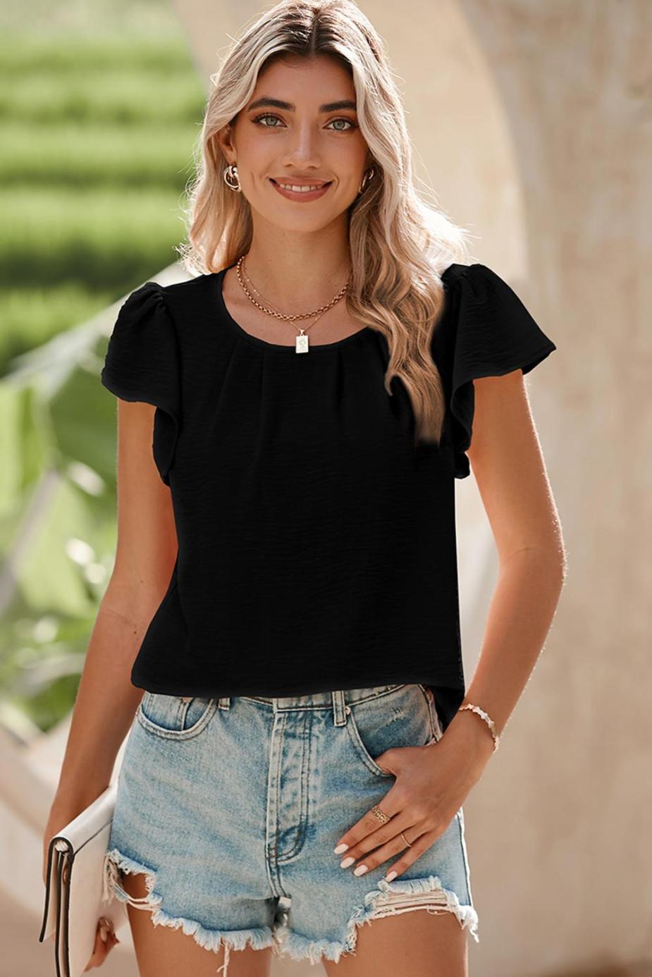 Blouses | Black Flounce Sleeve Pleated Textured Blouse - Women