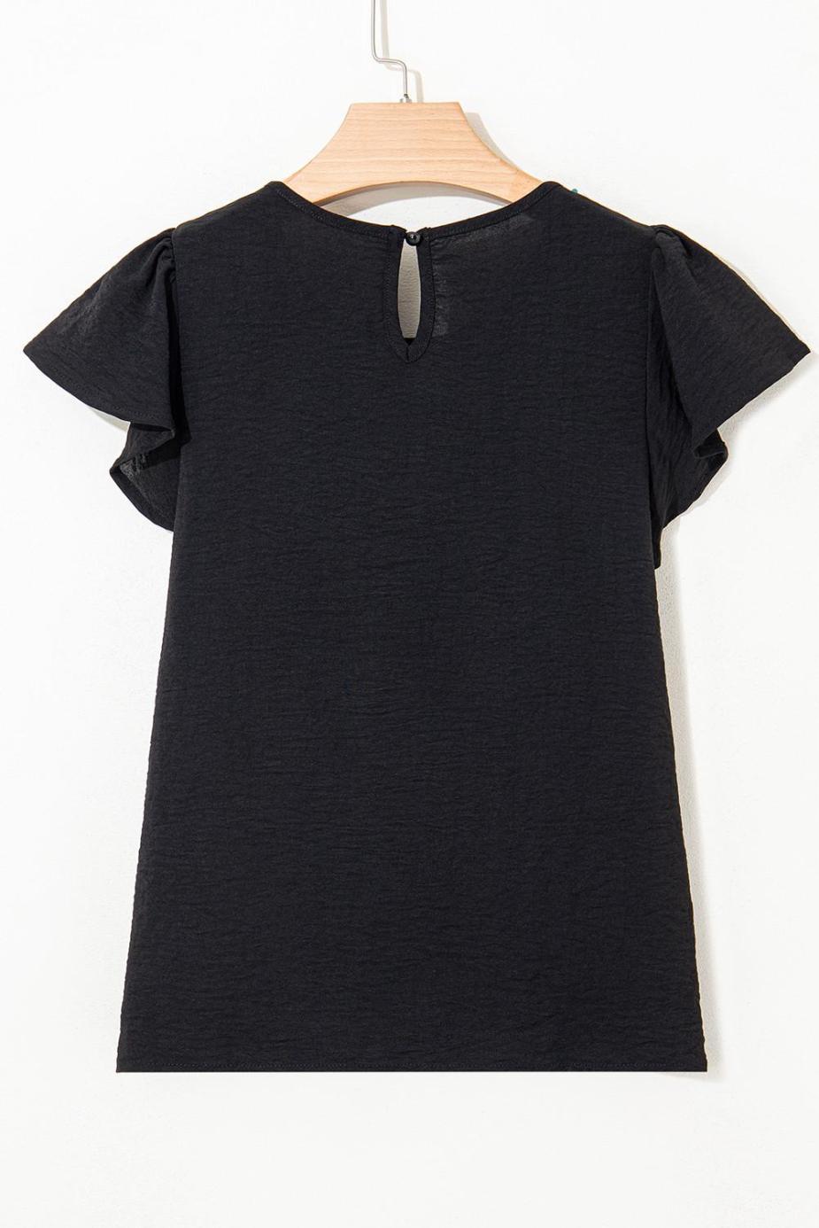 Blouses | Black Flounce Sleeve Pleated Textured Blouse - Women