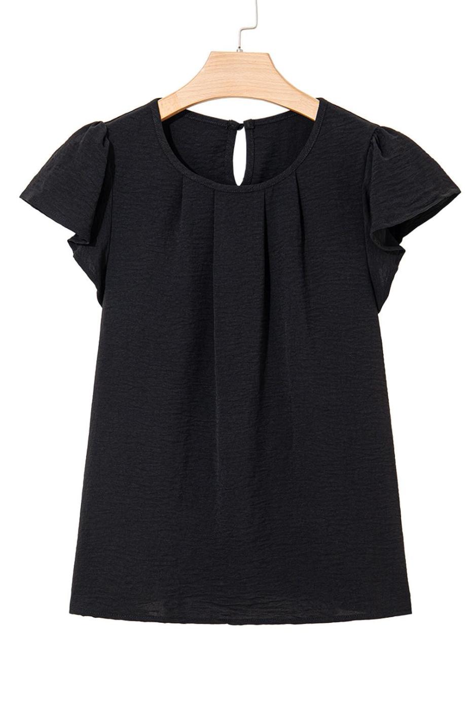 Blouses | Black Flounce Sleeve Pleated Textured Blouse - Women