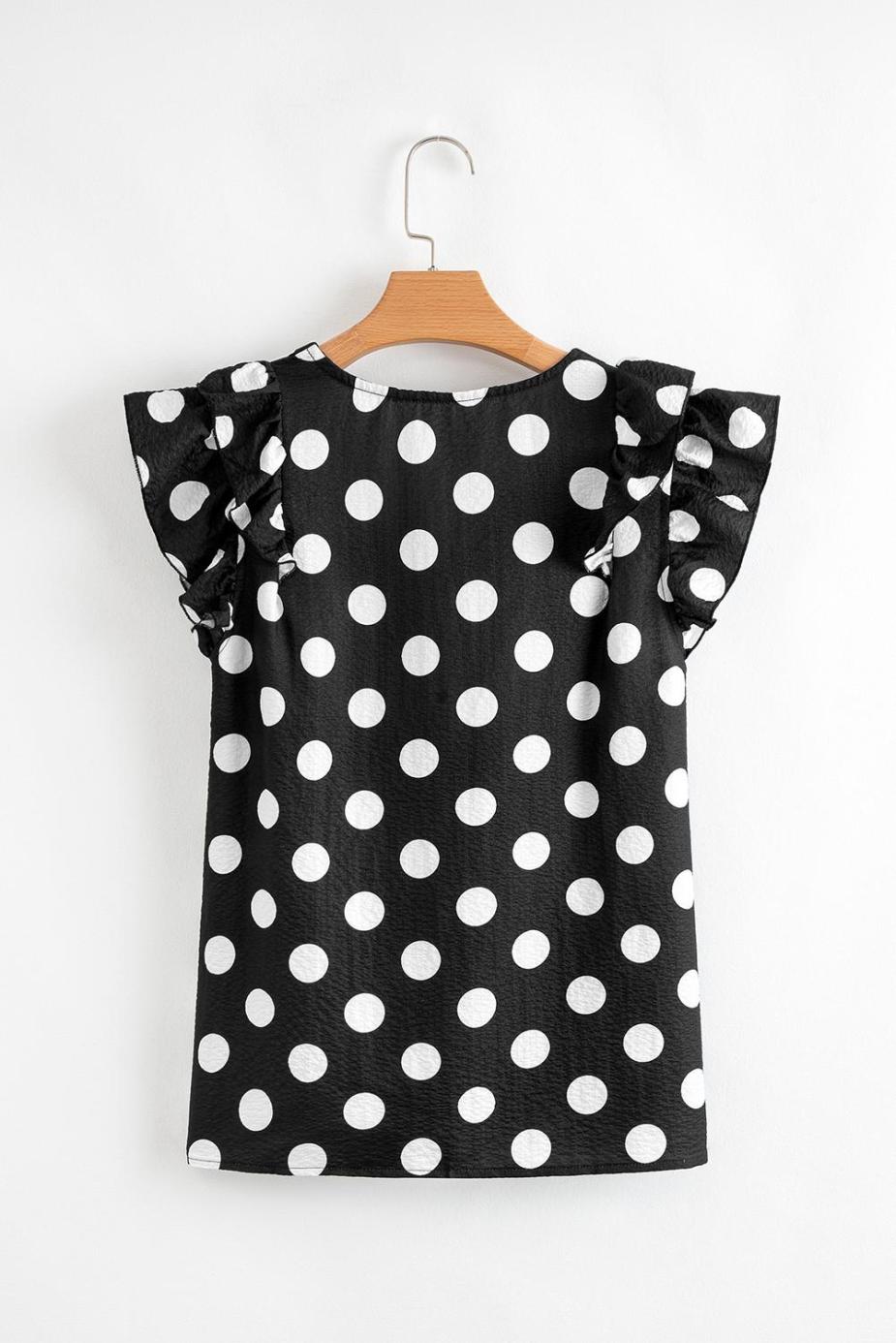 Blouses | Black Polka Dot Print V Neck Ruffle Blouse - Women
