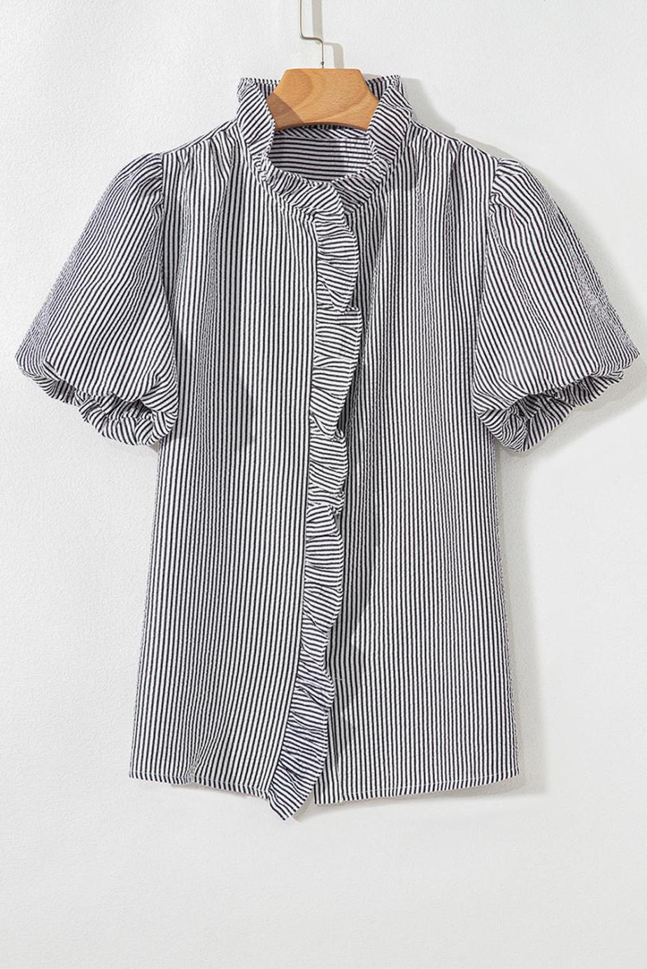 Blouses | Black Striped Bubble Sleeve Ruffle Shirt - Women