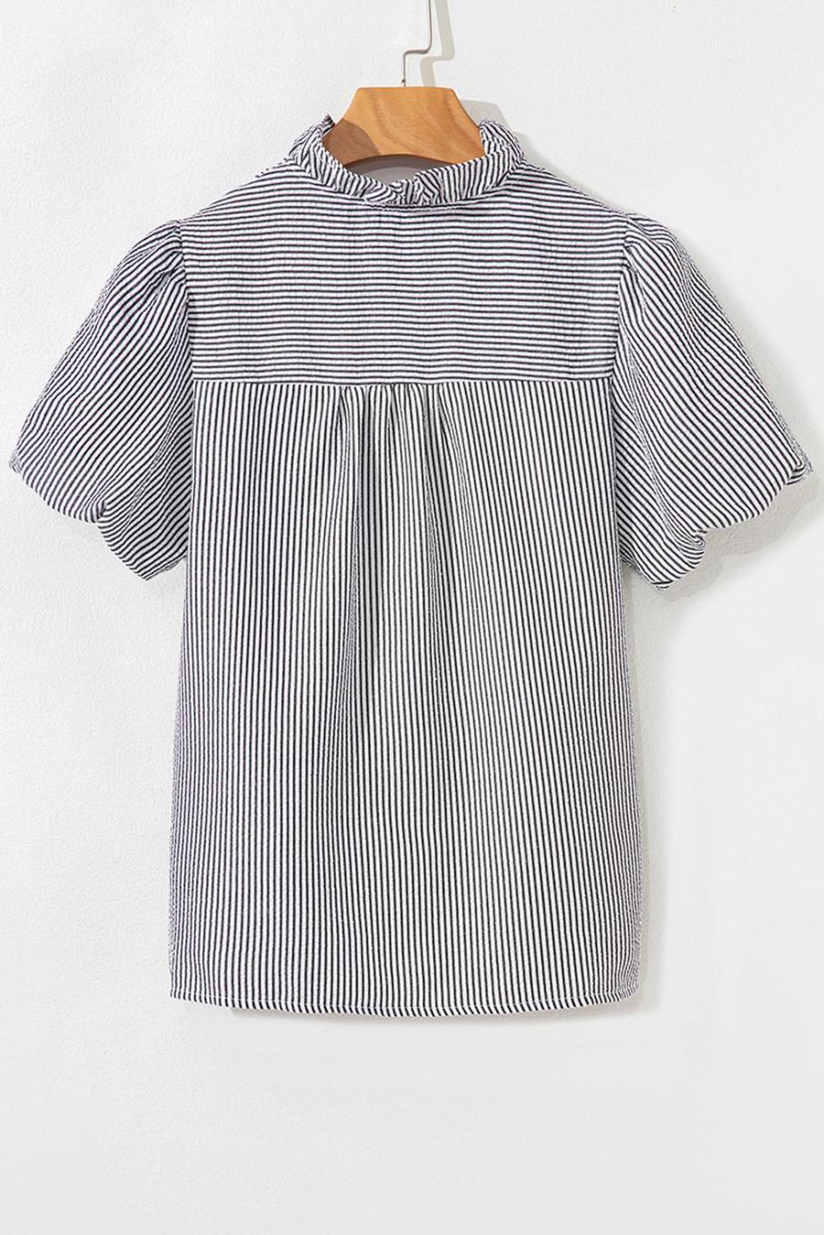 Blouses | Black Striped Bubble Sleeve Ruffle Shirt - Women