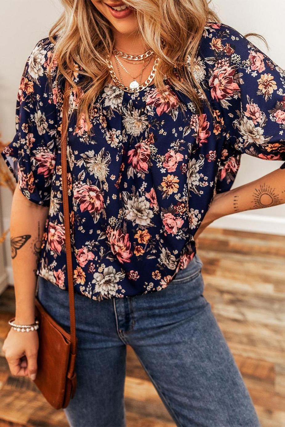Blouses | Blue Floral Print Flounce Sleeve Boho Blouse - Women