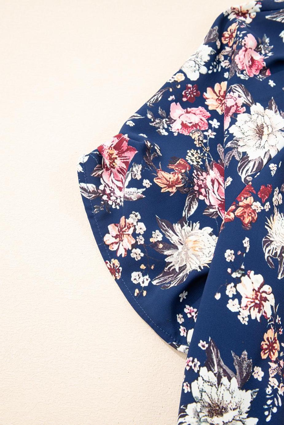 Blouses | Blue Floral Print Flounce Sleeve Boho Blouse - Women