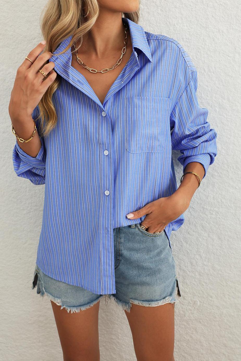 Blouses | Blue Stripe Button Up Oversized Casual Shirt - Women