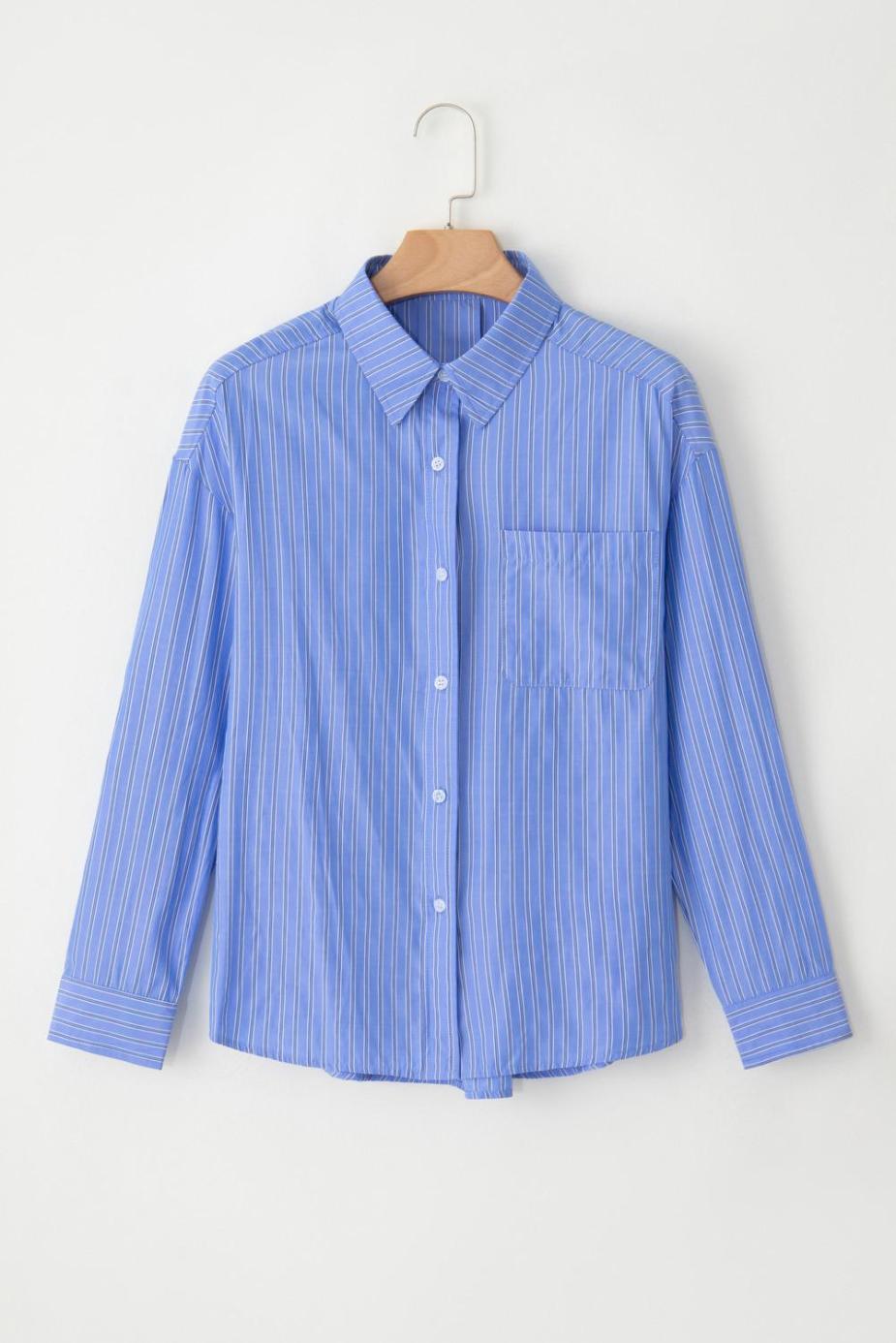 Blouses | Blue Stripe Button Up Oversized Casual Shirt - Women