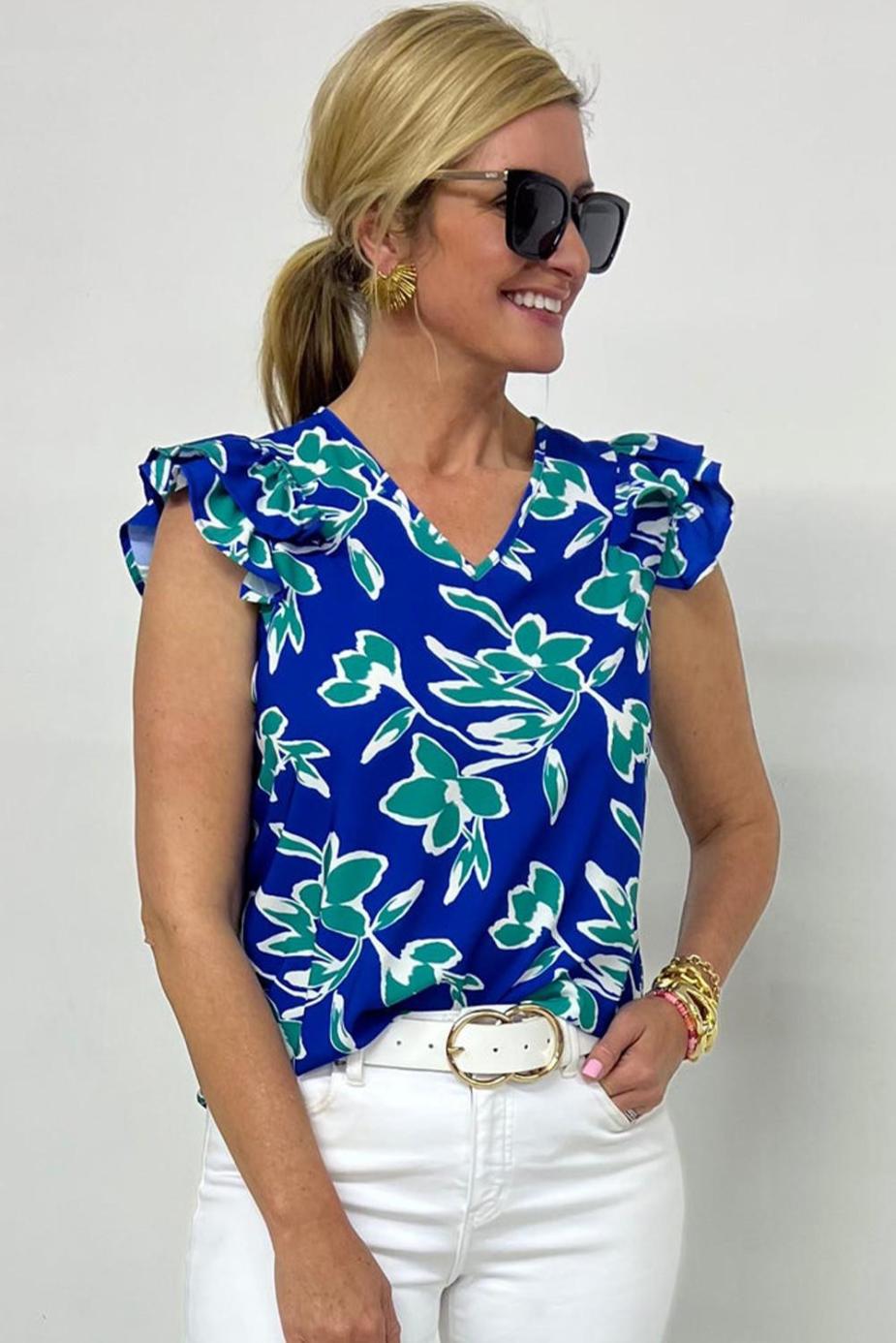 Blouses | Blue V Neck Floral Print Ruffle Short Sleeve Blouse - Women