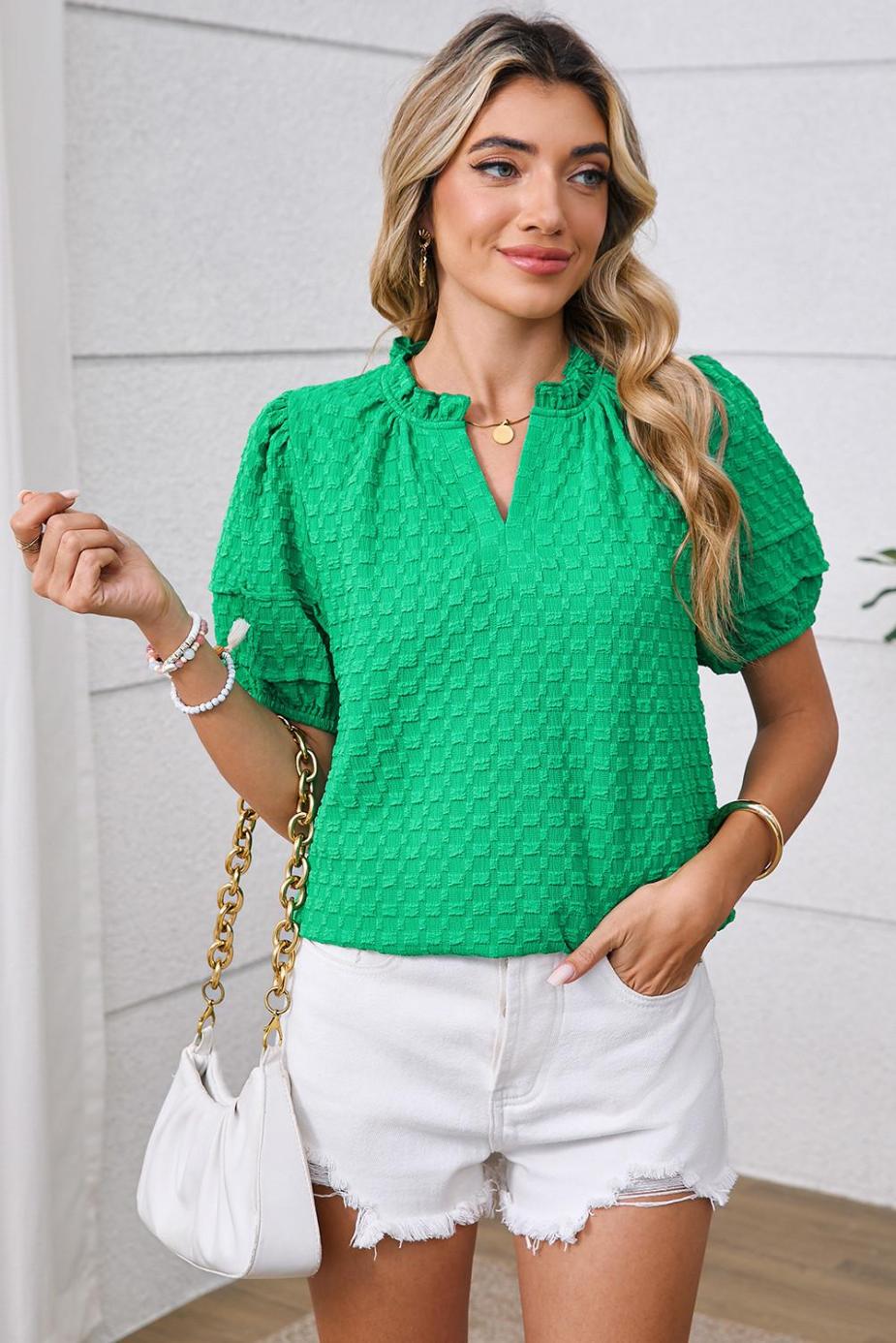 Blouses | Bright Green Textured Puff Short Sleeve Notched V Neck Top - Women