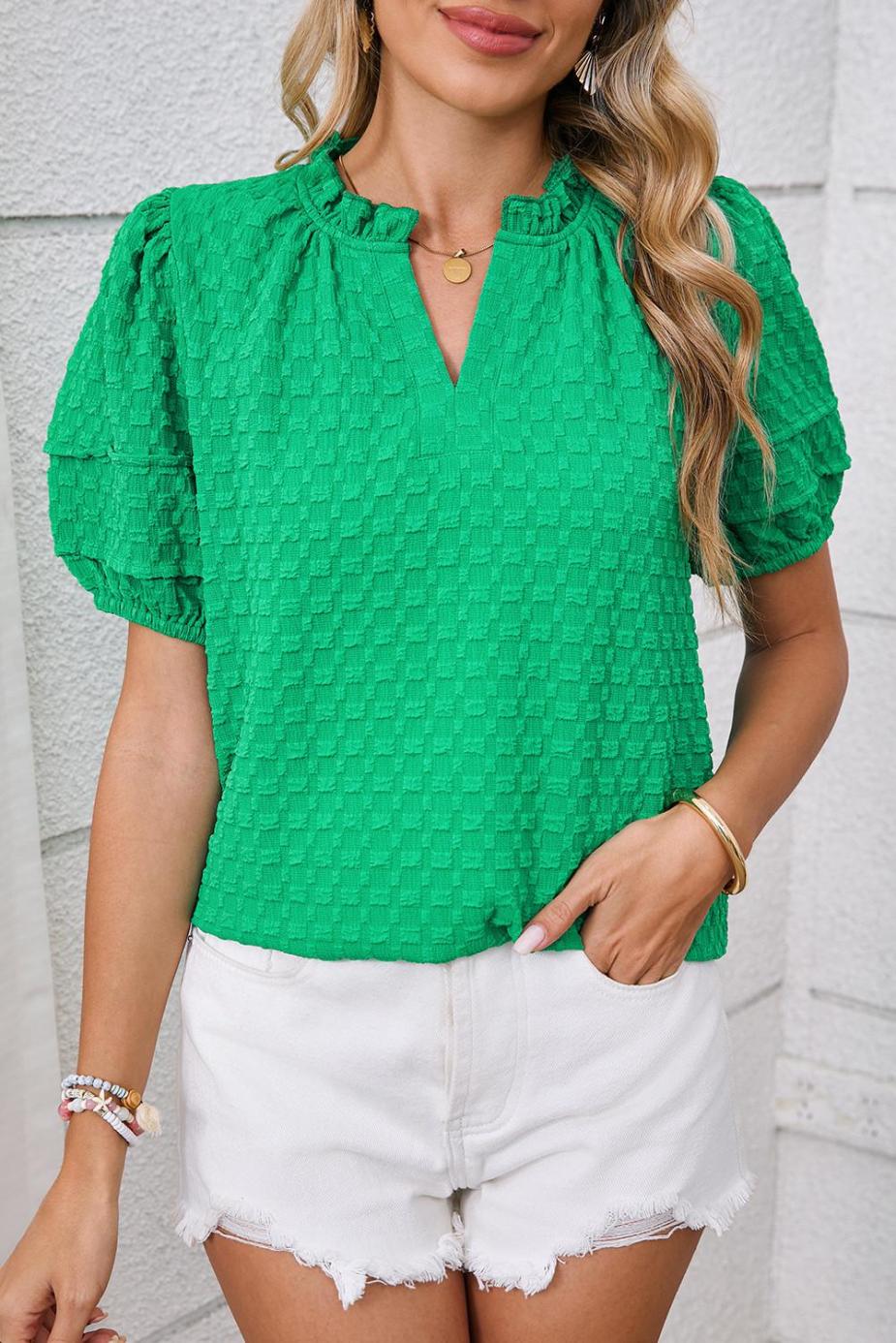 Blouses | Bright Green Textured Puff Short Sleeve Notched V Neck Top - Women