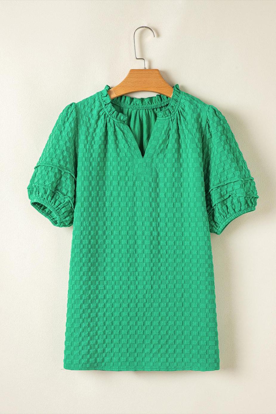 Blouses | Bright Green Textured Puff Short Sleeve Notched V Neck Top - Women