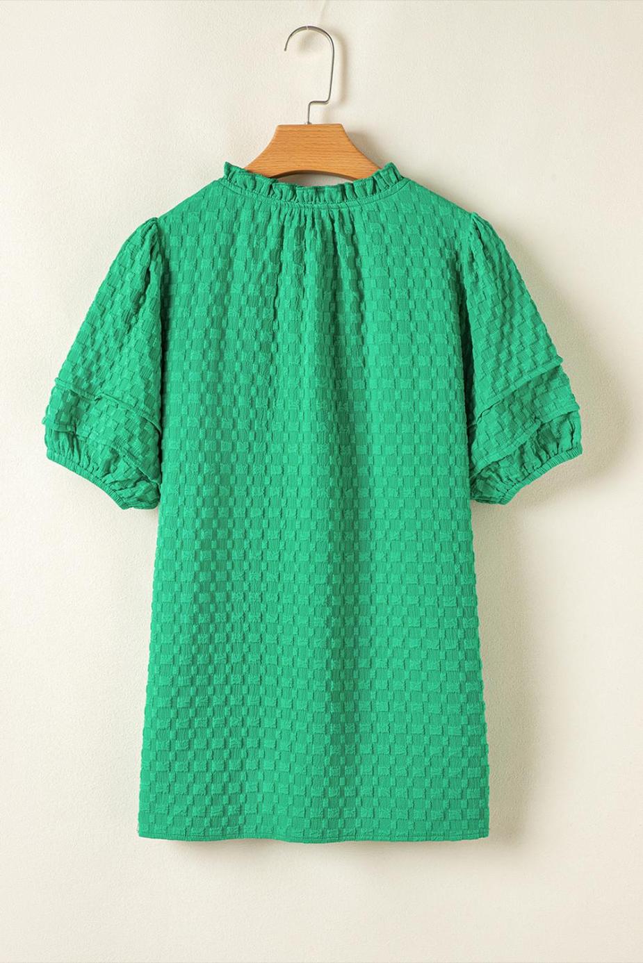 Blouses | Bright Green Textured Puff Short Sleeve Notched V Neck Top - Women