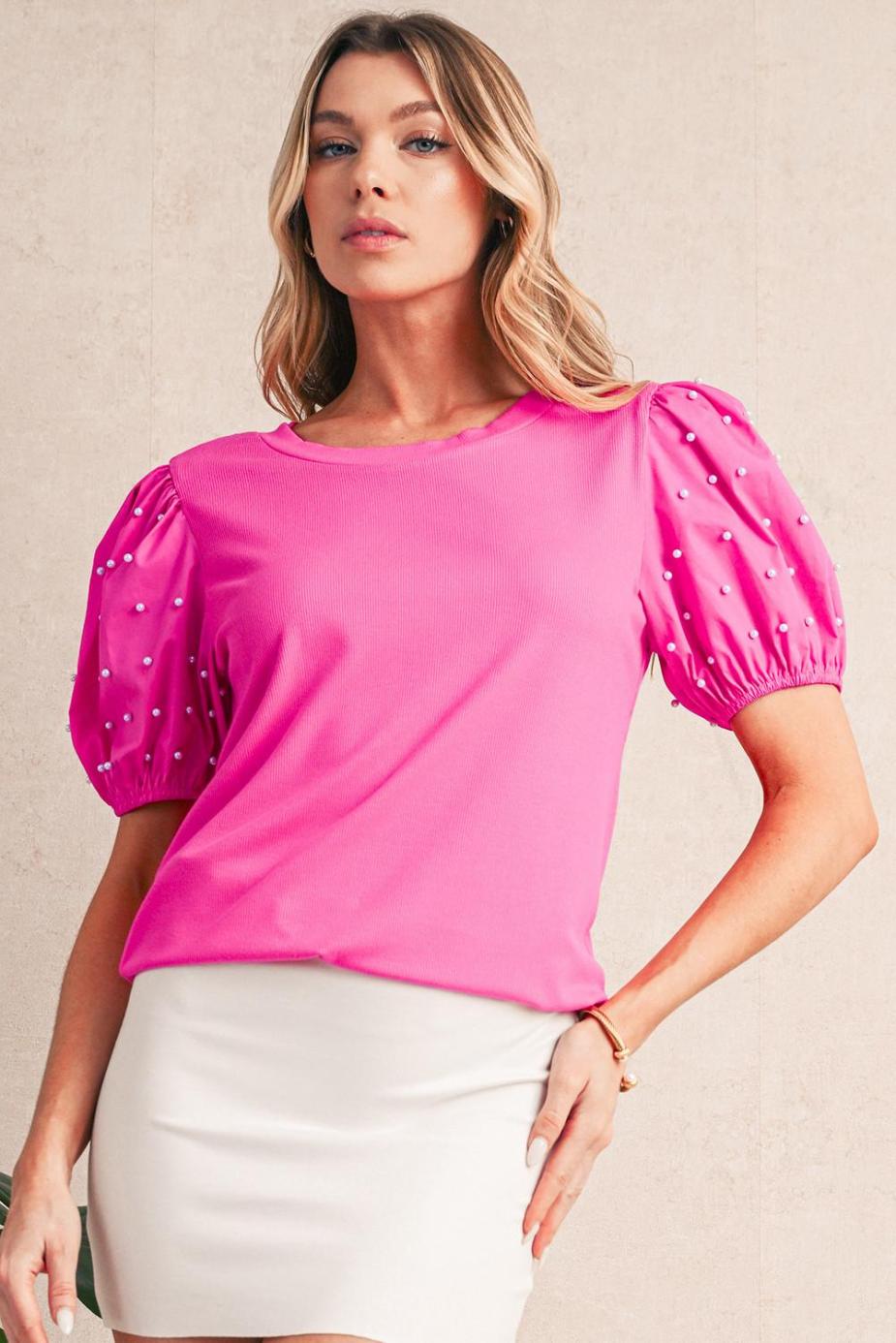 Blouses | Bright Pink Pearl Beaded Puff Sleeve Ribbed Top - Women