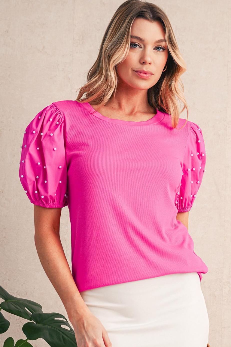 Blouses | Bright Pink Pearl Beaded Puff Sleeve Ribbed Top - Women