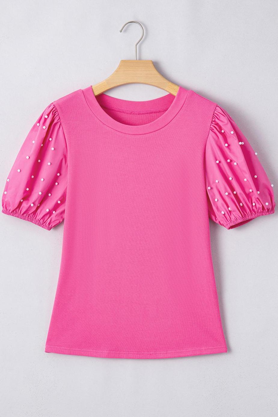 Blouses | Bright Pink Pearl Beaded Puff Sleeve Ribbed Top - Women