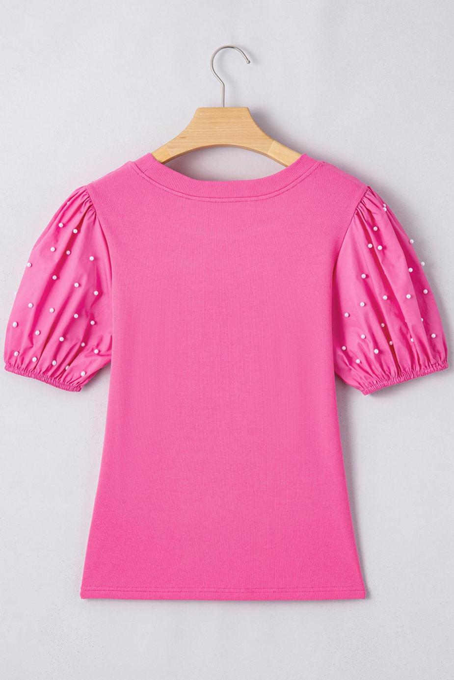 Blouses | Bright Pink Pearl Beaded Puff Sleeve Ribbed Top - Women