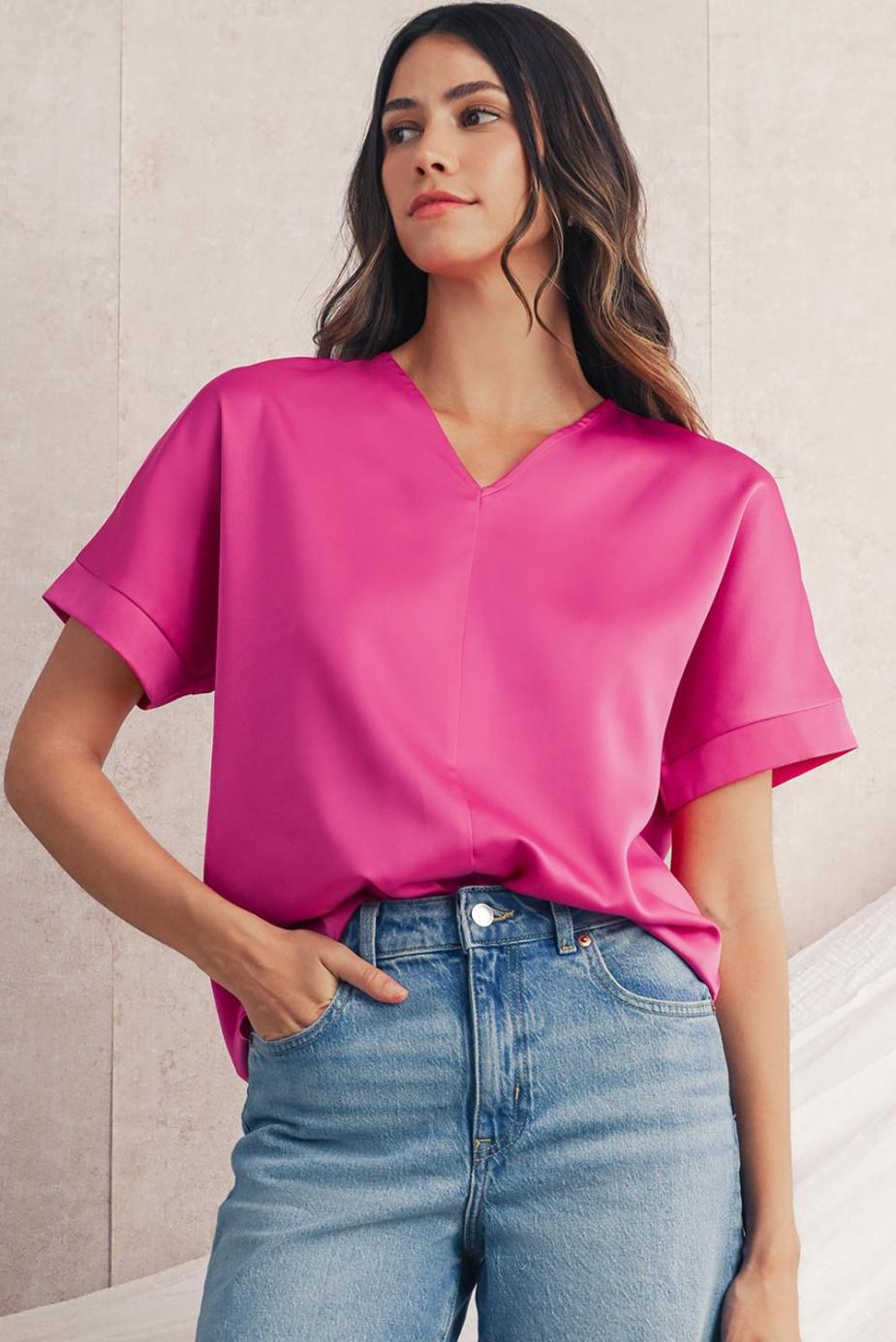 Blouses | Bright Pink Plain V-Neck Dolman Sleeve Loose Top - Women