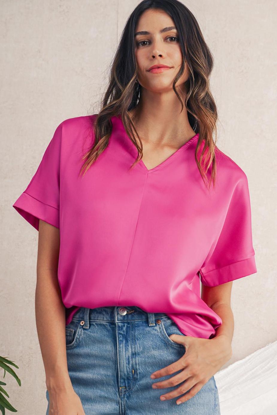 Blouses | Bright Pink Plain V-Neck Dolman Sleeve Loose Top - Women