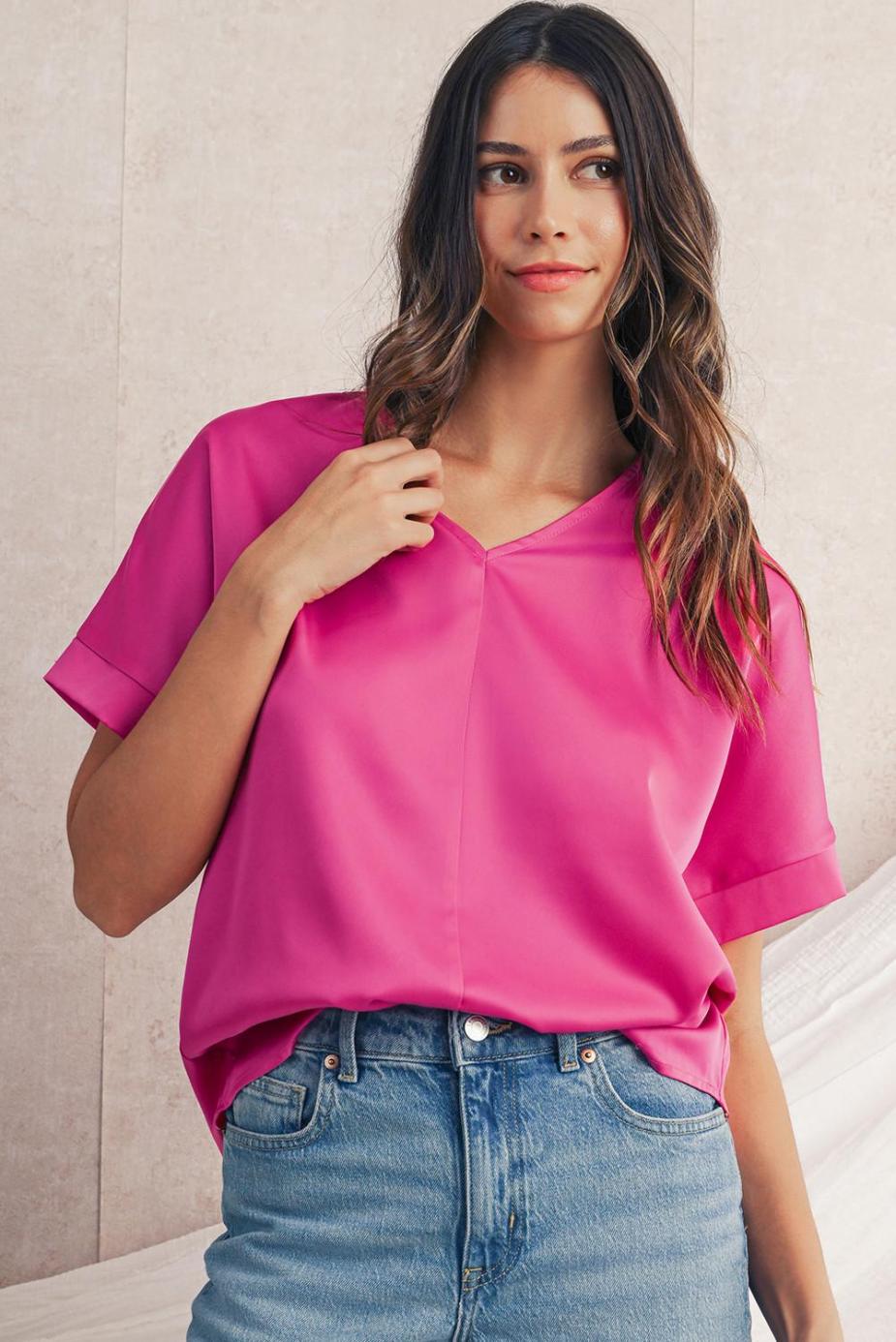 Blouses | Bright Pink Plain V-Neck Dolman Sleeve Loose Top - Women