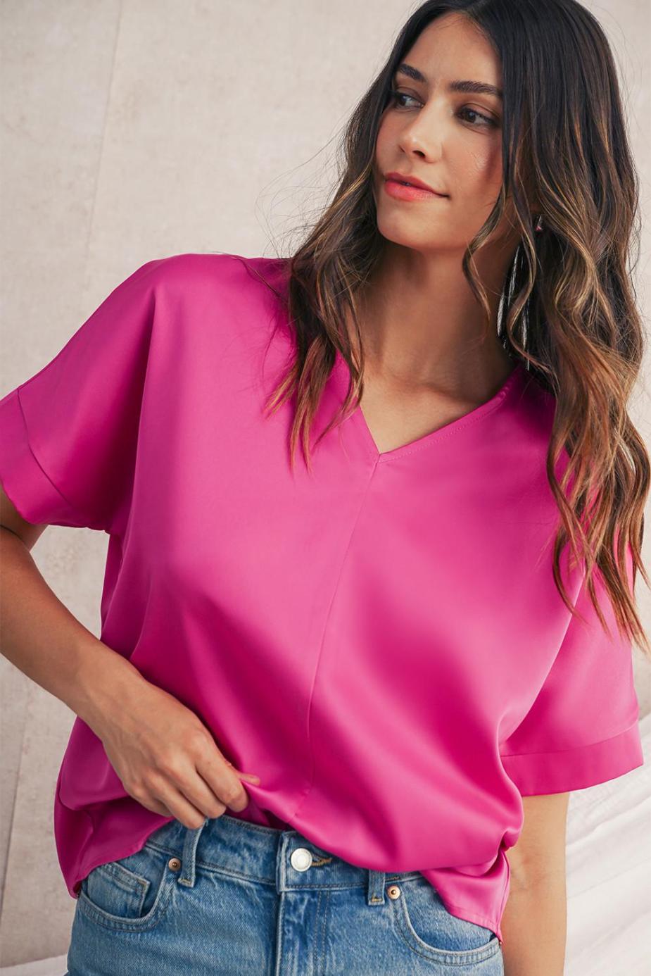 Blouses | Bright Pink Plain V-Neck Dolman Sleeve Loose Top - Women