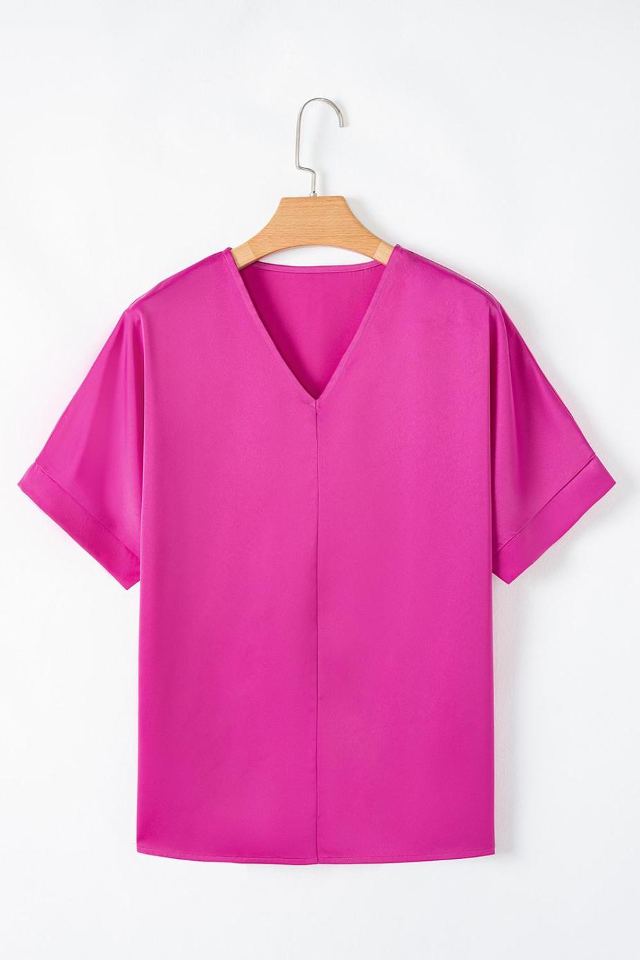 Blouses | Bright Pink Plain V-Neck Dolman Sleeve Loose Top - Women