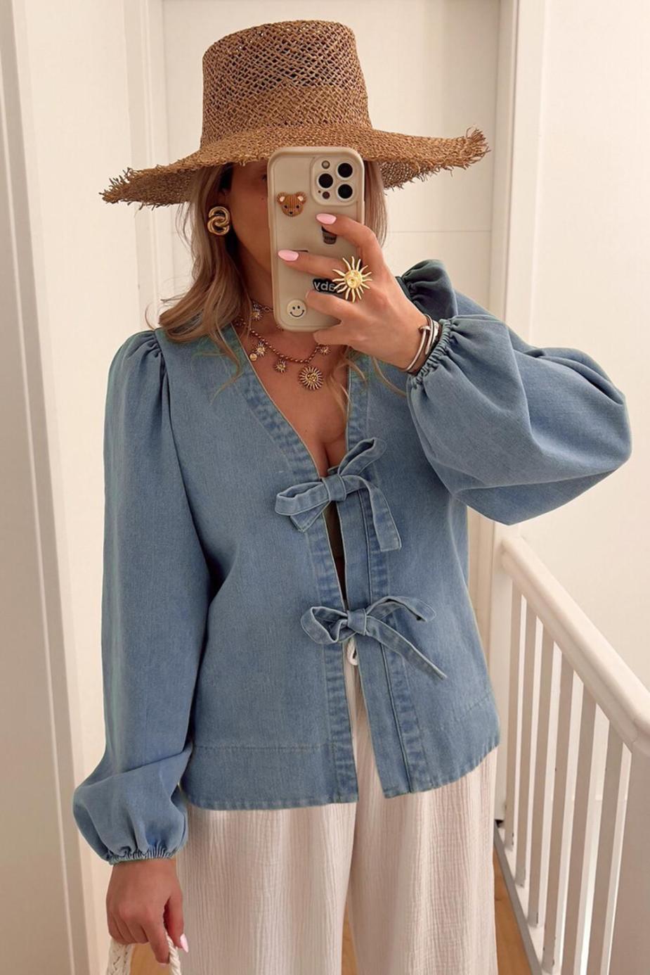 Blouses | Dusk Blue Bow Tie Front Puff Sleeve Denim Top - Women