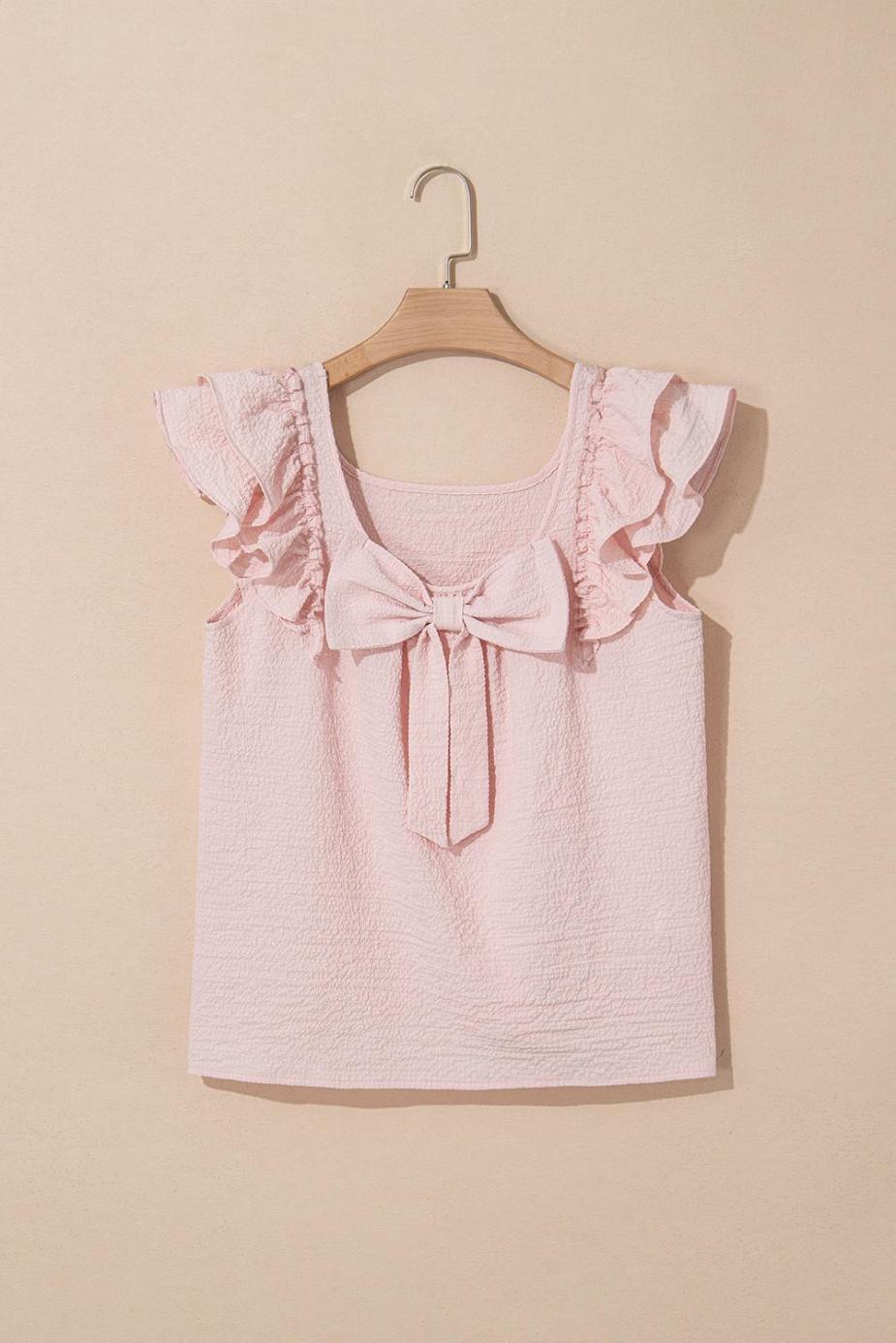 Blouses | Gossamer Pink Textured Bow Frilled Ruffle Sleeve Blouse - Women