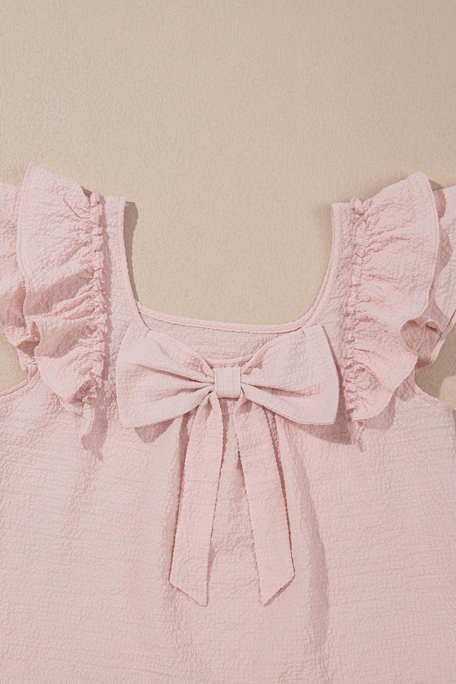 Blouses | Gossamer Pink Textured Bow Frilled Ruffle Sleeve Blouse - Women