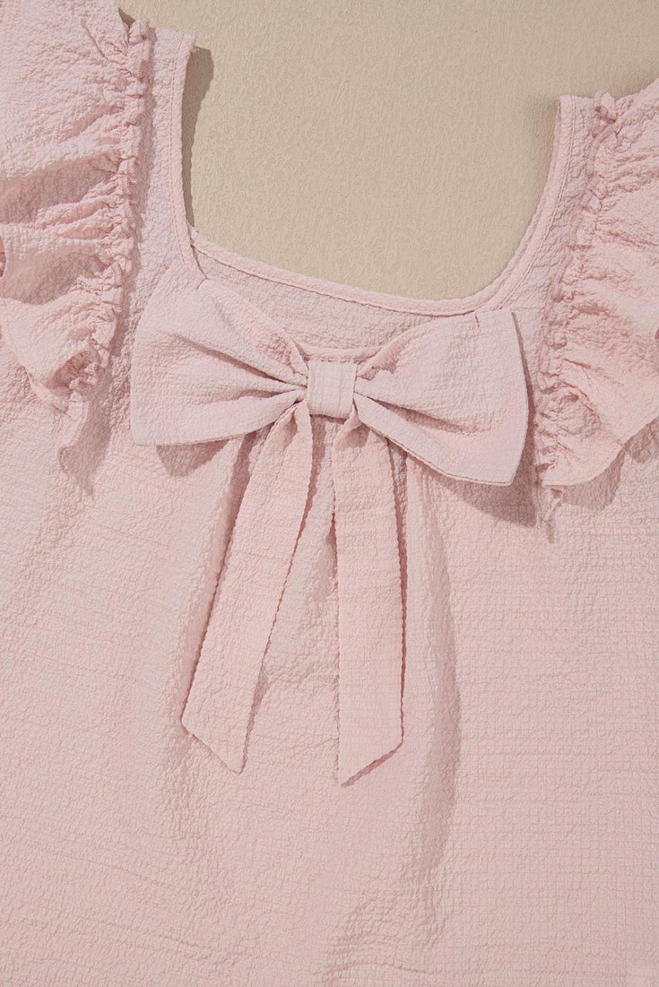 Blouses | Gossamer Pink Textured Bow Frilled Ruffle Sleeve Blouse - Women