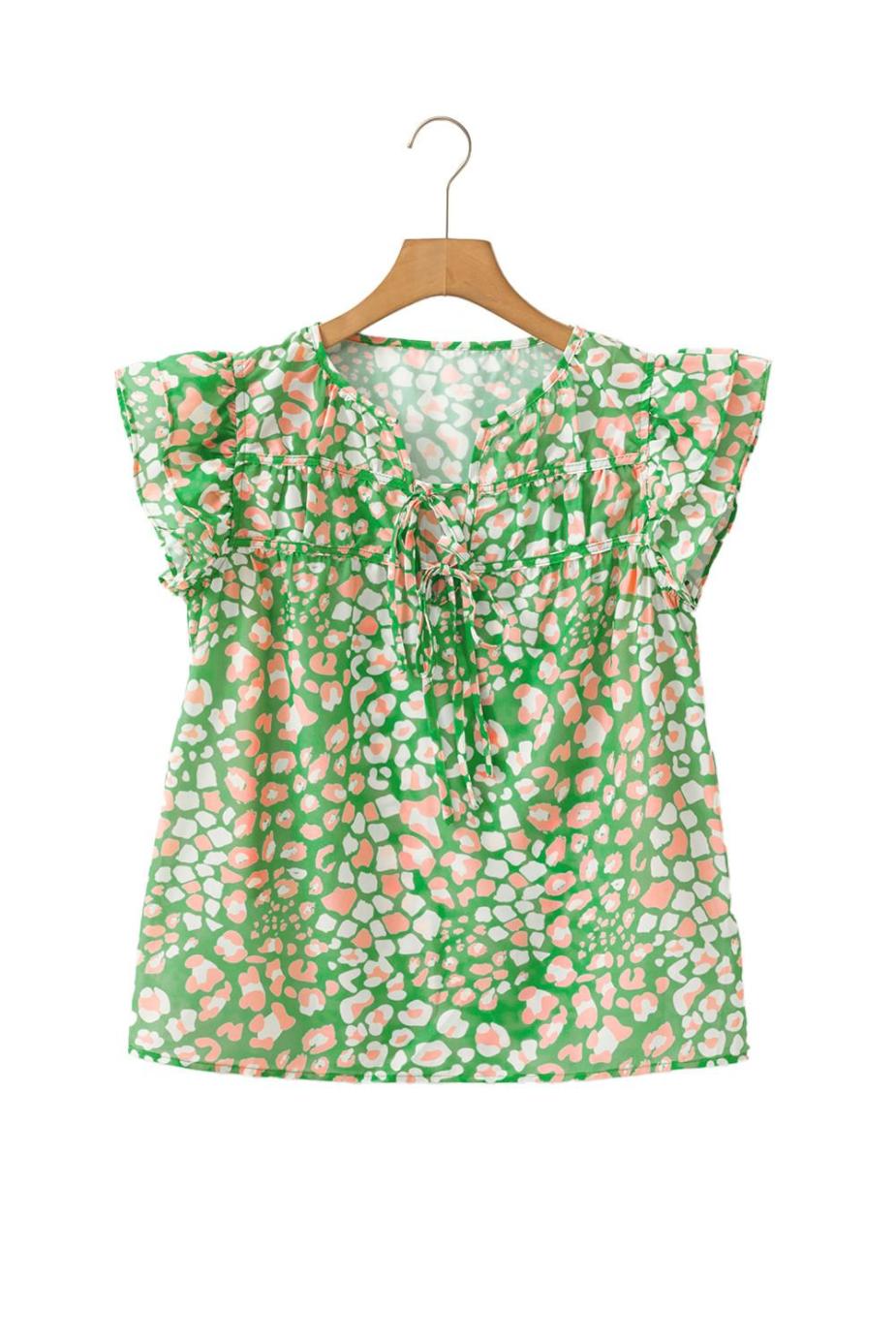 Blouses | Green Abstract Leopard Tie Front Flutter Sleeve Blouse - Women