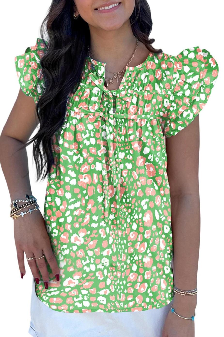 Blouses | Green Abstract Leopard Tie Front Flutter Sleeve Blouse - Women