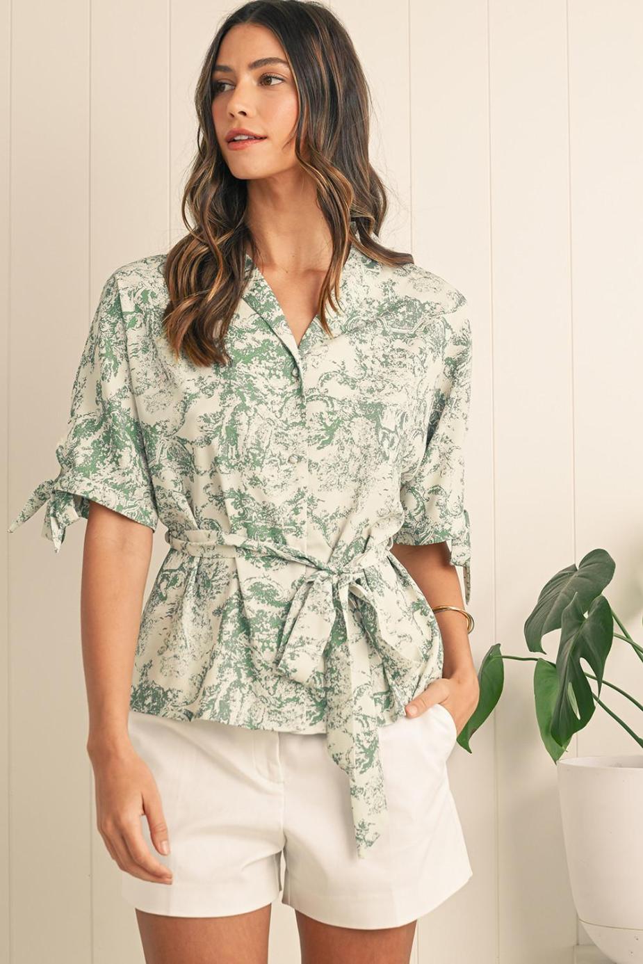 Blouses | Green Boho Abstract V-Neck Button Shirt - Women