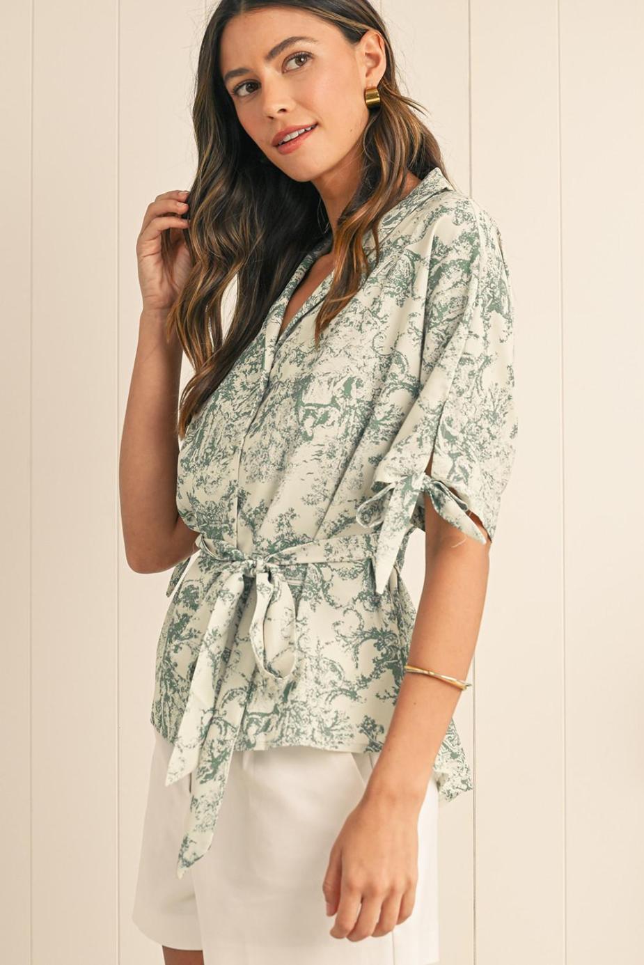 Blouses | Green Boho Abstract V-Neck Button Shirt - Women