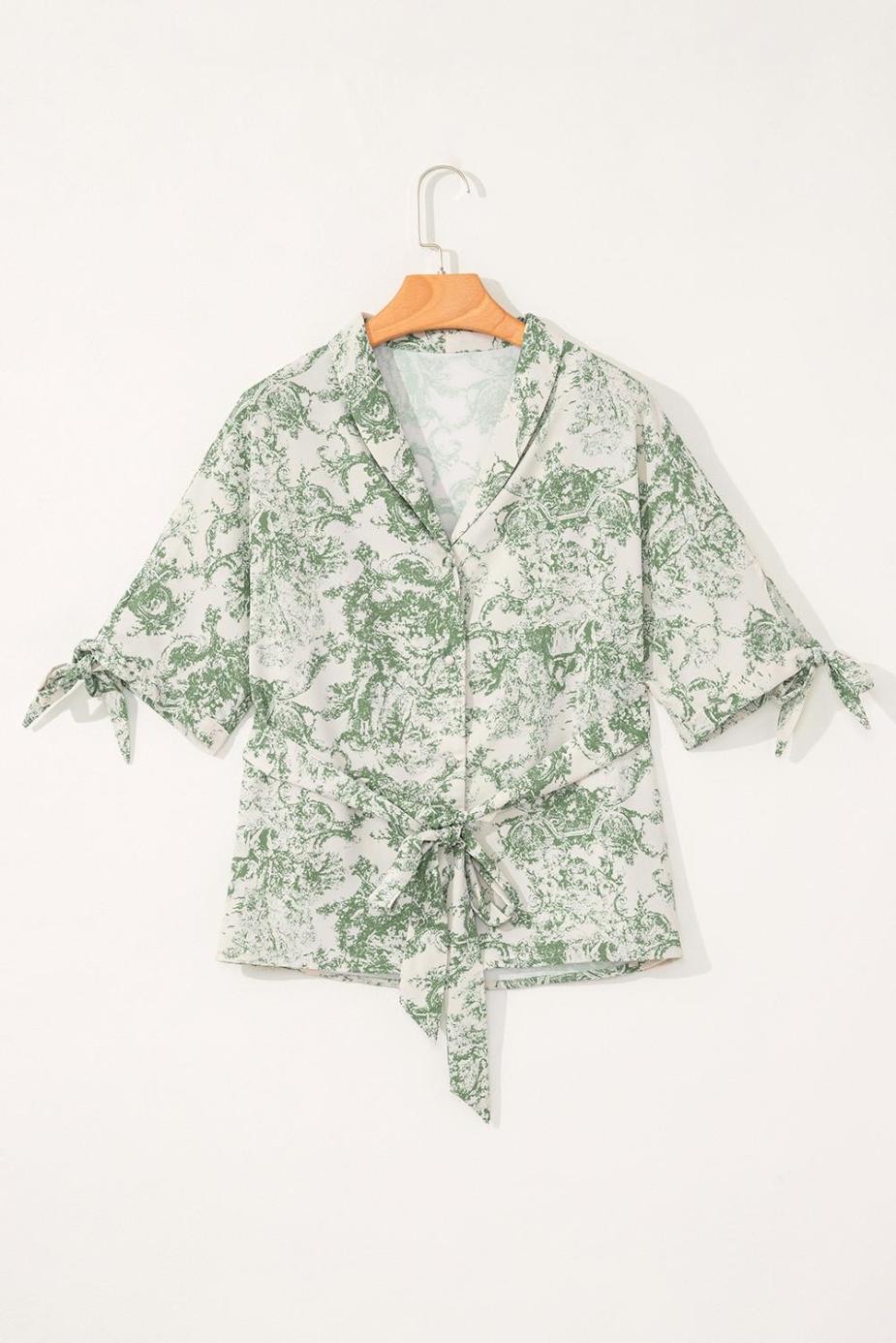 Blouses | Green Boho Abstract V-Neck Button Shirt - Women