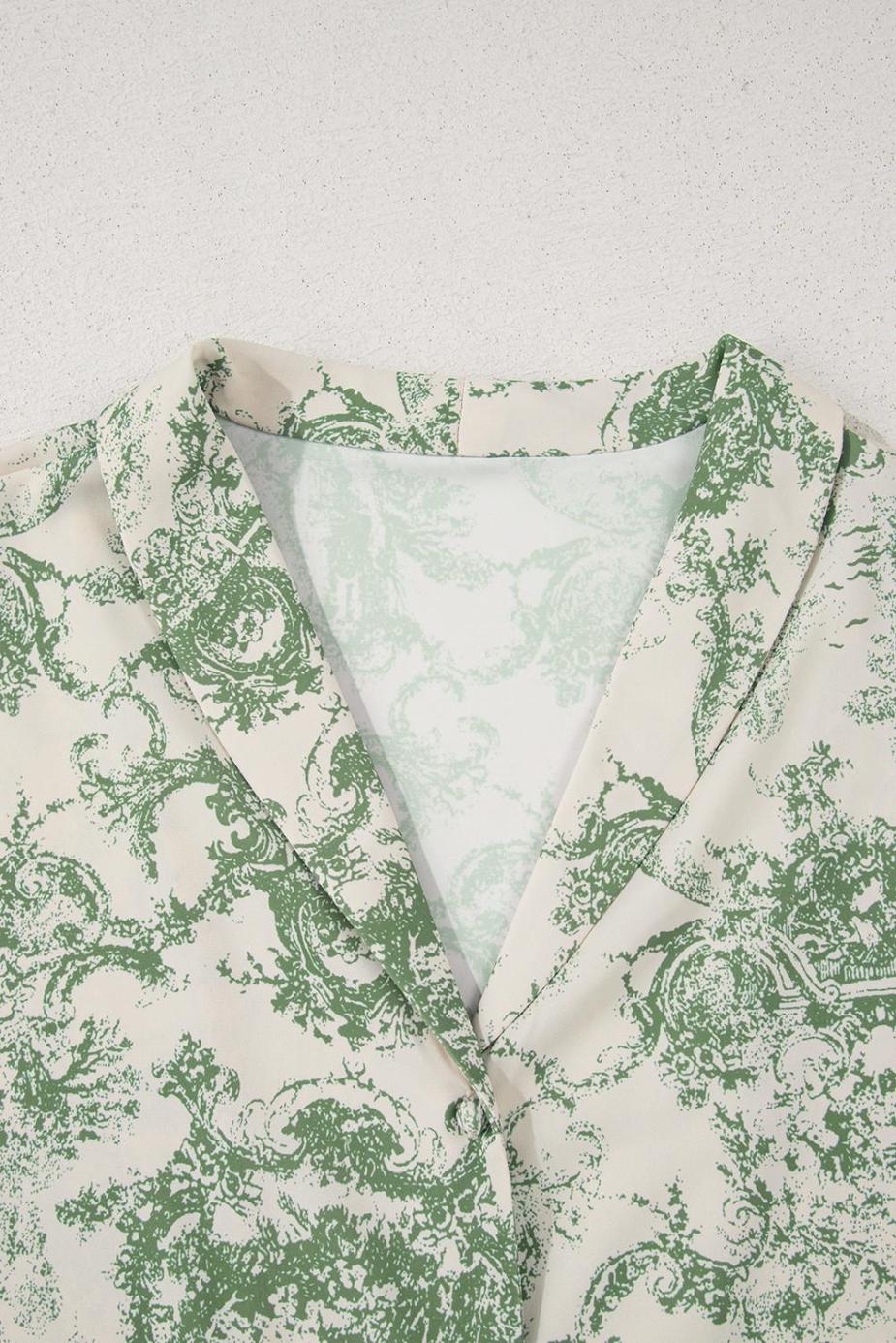 Blouses | Green Boho Abstract V-Neck Button Shirt - Women