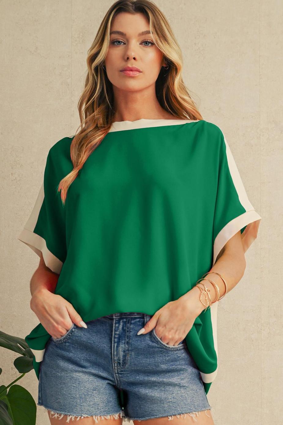 Blouses | Green Colorblock Batwing Sleeve Boat Neck Blouse - Women