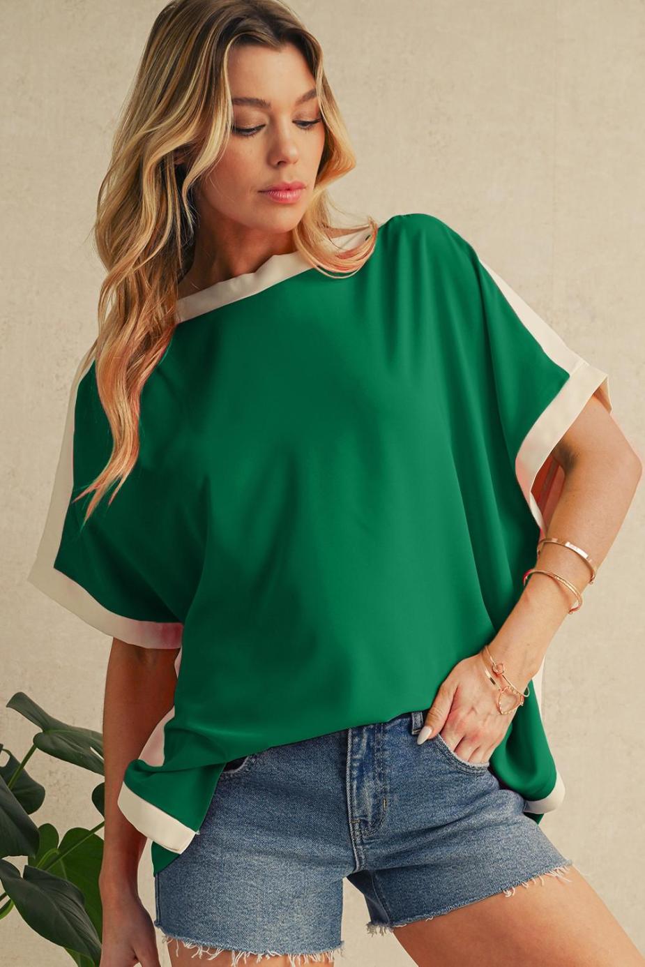 Blouses | Green Colorblock Batwing Sleeve Boat Neck Blouse - Women