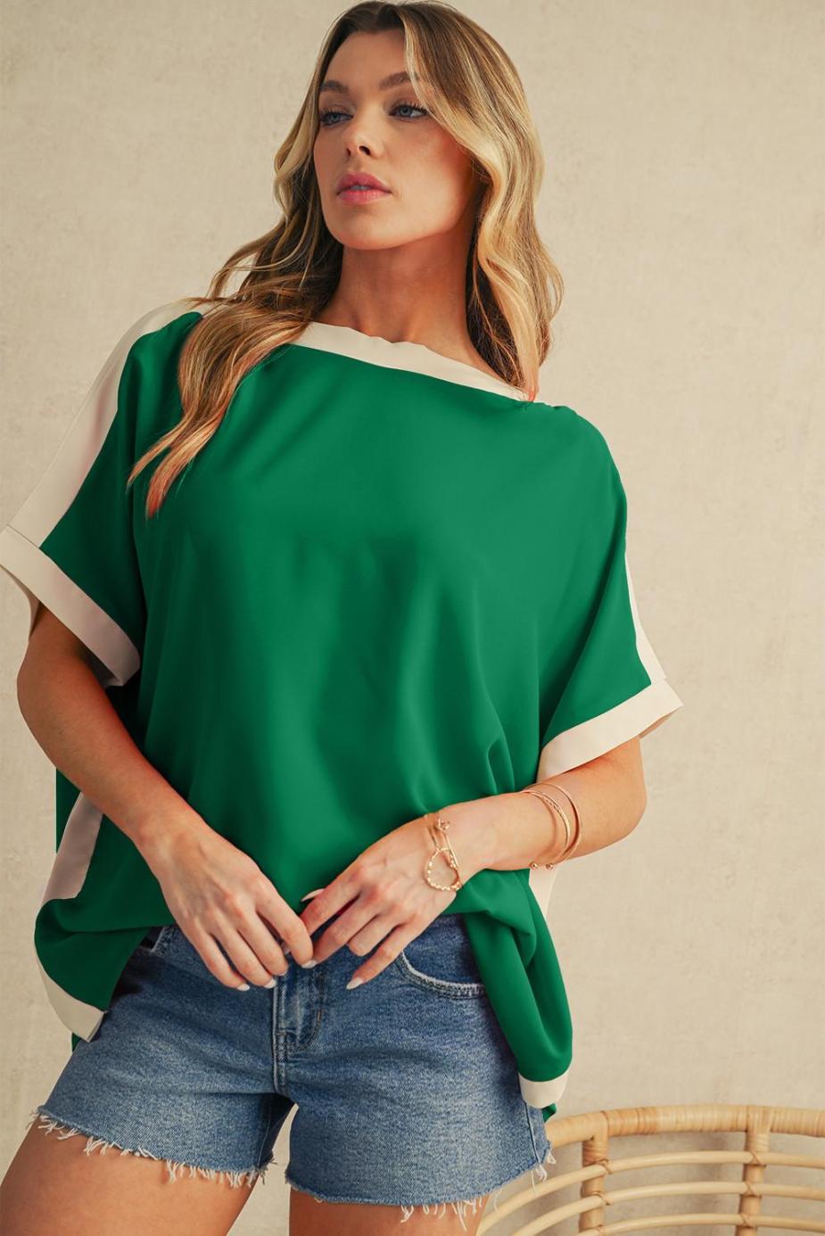 Blouses | Green Colorblock Batwing Sleeve Boat Neck Blouse - Women