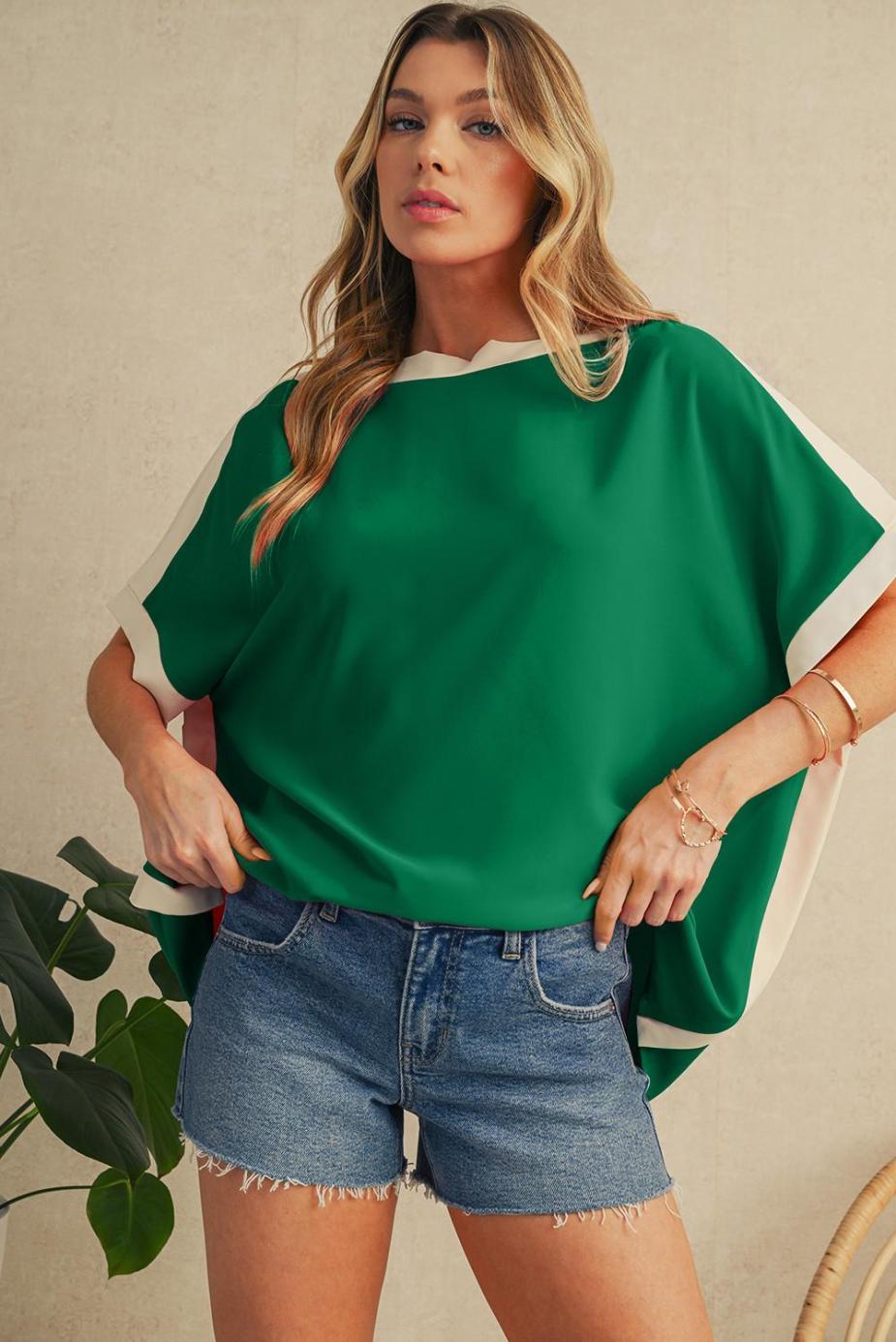 Blouses | Green Colorblock Batwing Sleeve Boat Neck Blouse - Women
