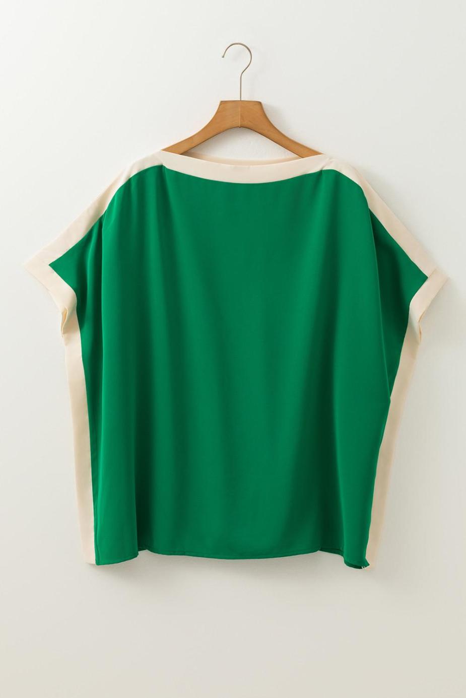 Blouses | Green Colorblock Batwing Sleeve Boat Neck Blouse - Women