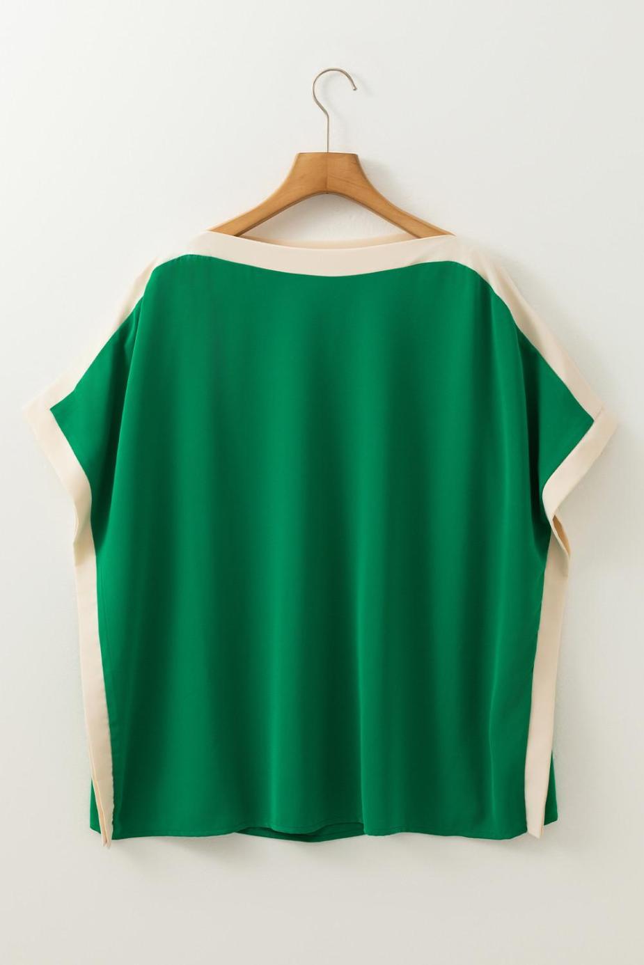 Blouses | Green Colorblock Batwing Sleeve Boat Neck Blouse - Women