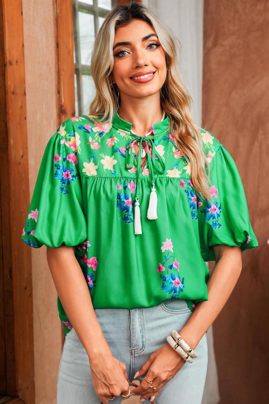 Blouses | Green Floral Detail Tie Split Neck Puff Sleeve Blouse - Women